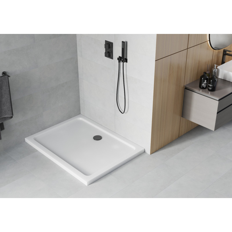 Mexen Flat obdĺžnikový sprchový kút slim 130 x 80 cm, biely, sifón čierny - 40108013B
