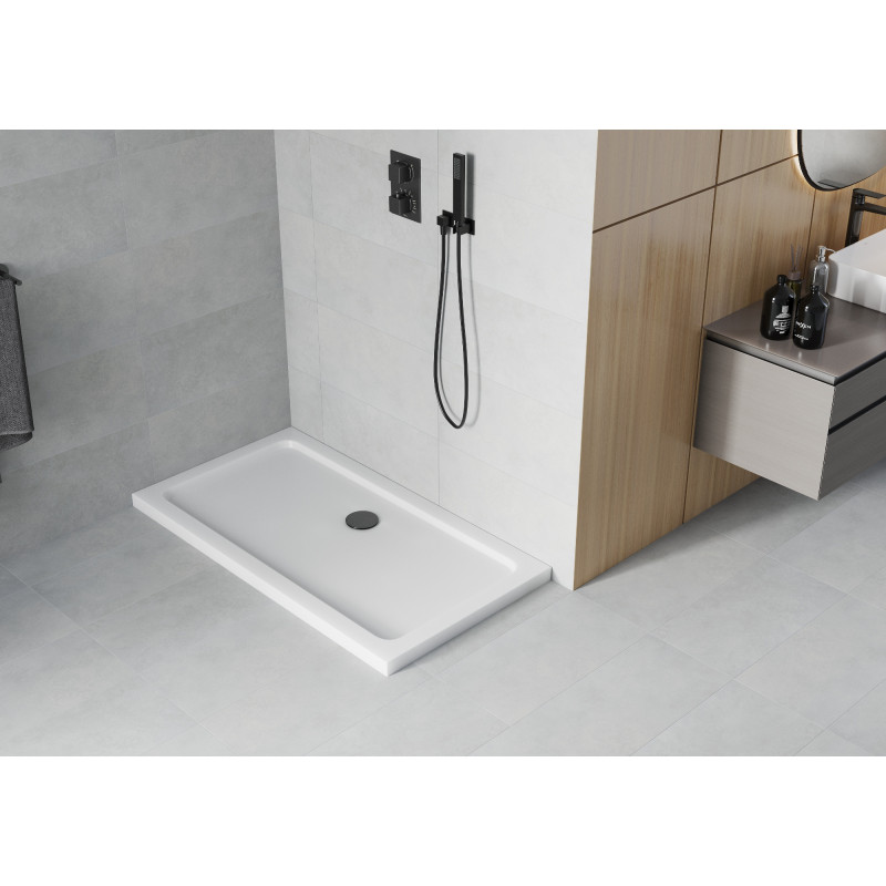 Mexen Flat obdĺžniková sprchová vanička slim 140 x 70 cm, biela, čierny sifón - 40107014B