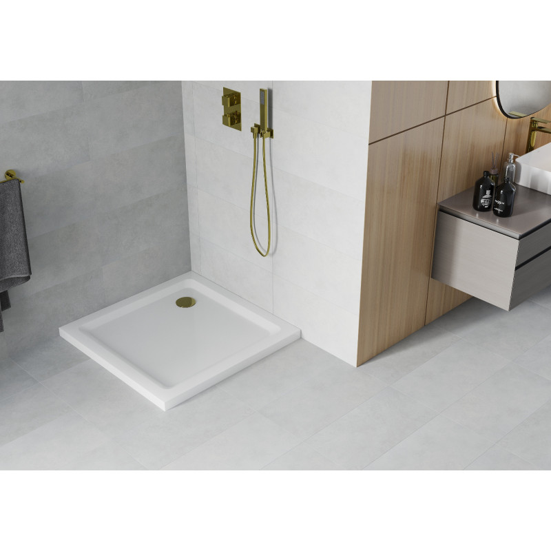 Mexen Flat štvorcový sprchovací kút slim 90 x 90 cm, biely, zlatý sifón - 40109090G