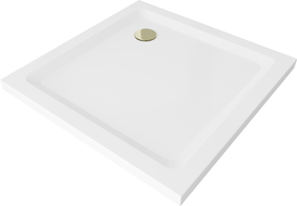Mexen Flat štvorecový sprchový kút slim 70 x 70 cm, biely, zlatý sifón - 40107070G