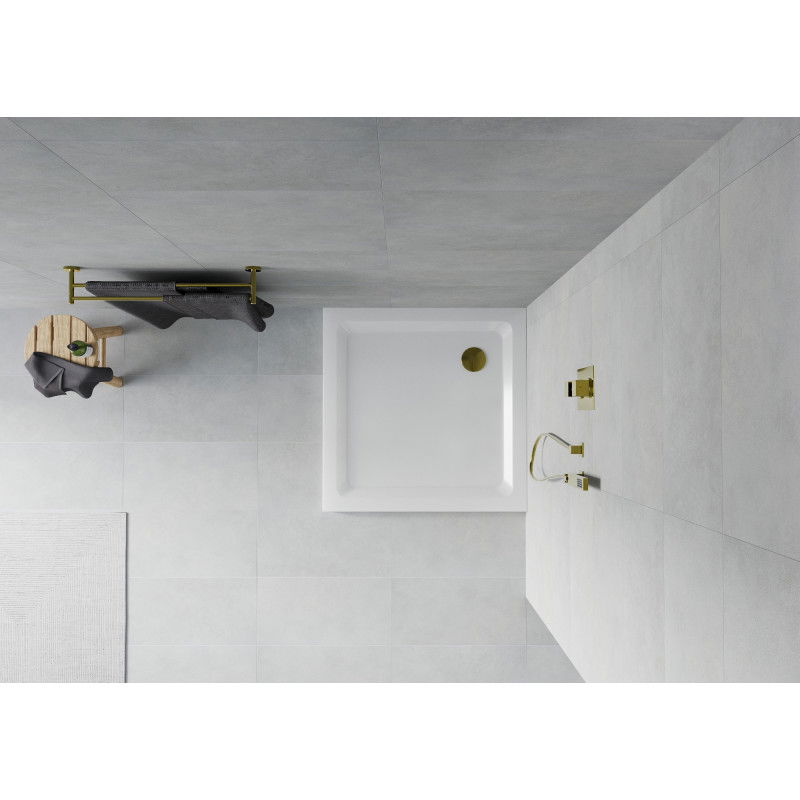 Mexen Flat štvorcový sprchový kút slim 70 x 70 cm, biely, sifón zlatý - 40107070G