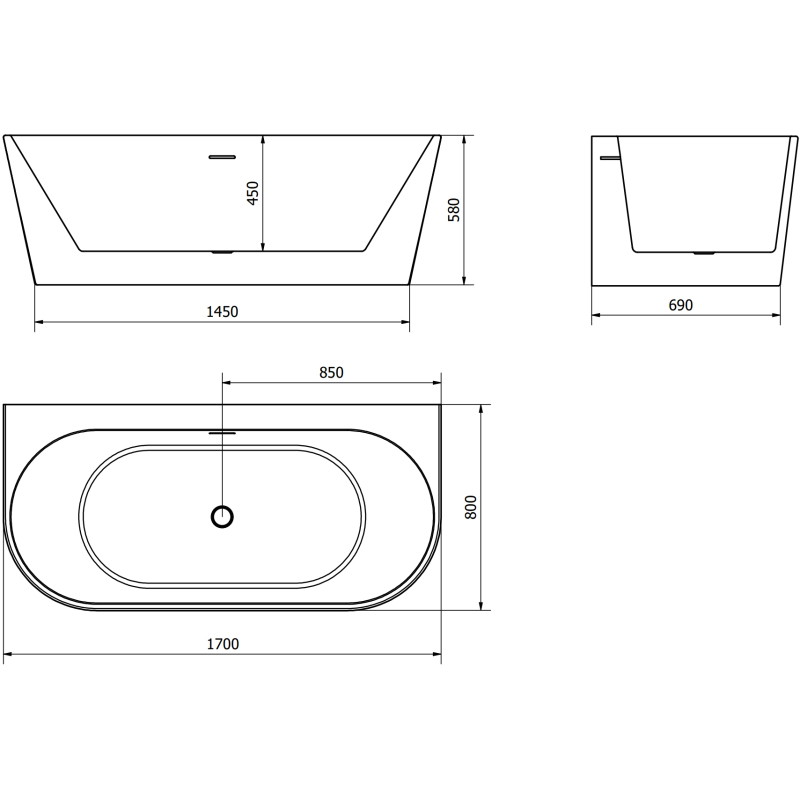 Mexen Oval+ voľne stojaca vaňa pri stene 170 x 80 cm, biela, prepad gun metal - 52681708000-95