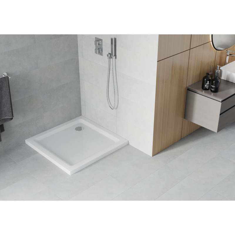 Mexen Flat štvorec slim sprchová vanička 100 x 100 cm, biela, chrómový sifón - 40101010