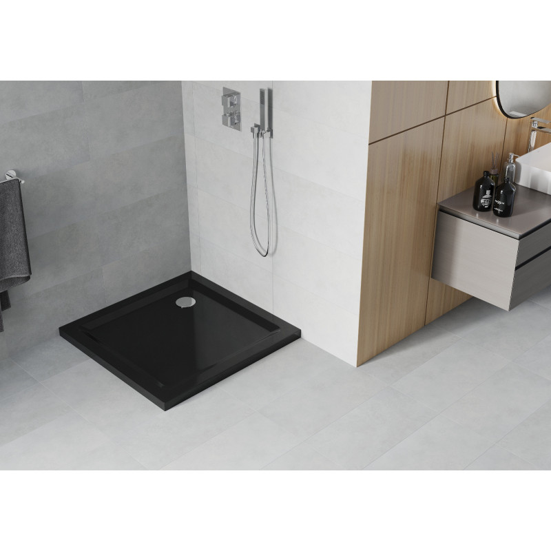 Mexen Flat štvorcová sprchová vanička slim 90 x 90 cm, čierna, sifón chróm - 40709090
