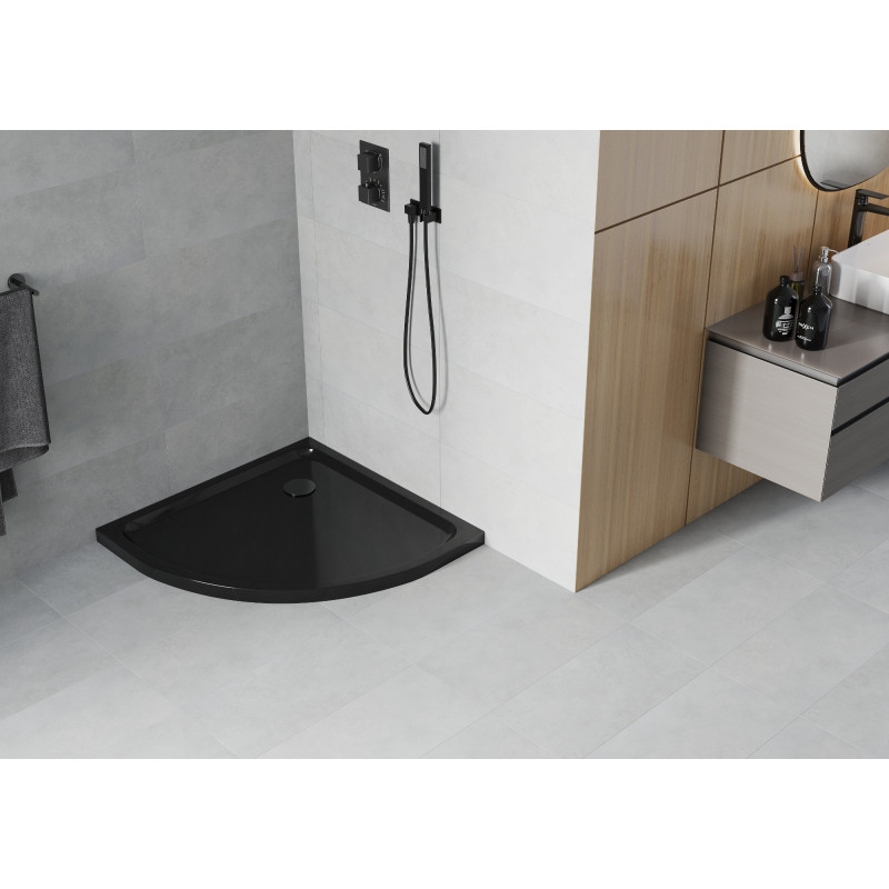 Mexen Flat štvrťkruhový sprchový kút slim 80 x 80 cm, čierny, sifón čierny - 41708080B