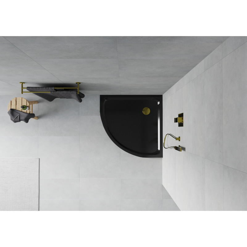 Mexen Flat polokruhový sprchový kút slim 70 x 70 cm, čierny, sifón zlatý - 41707070G