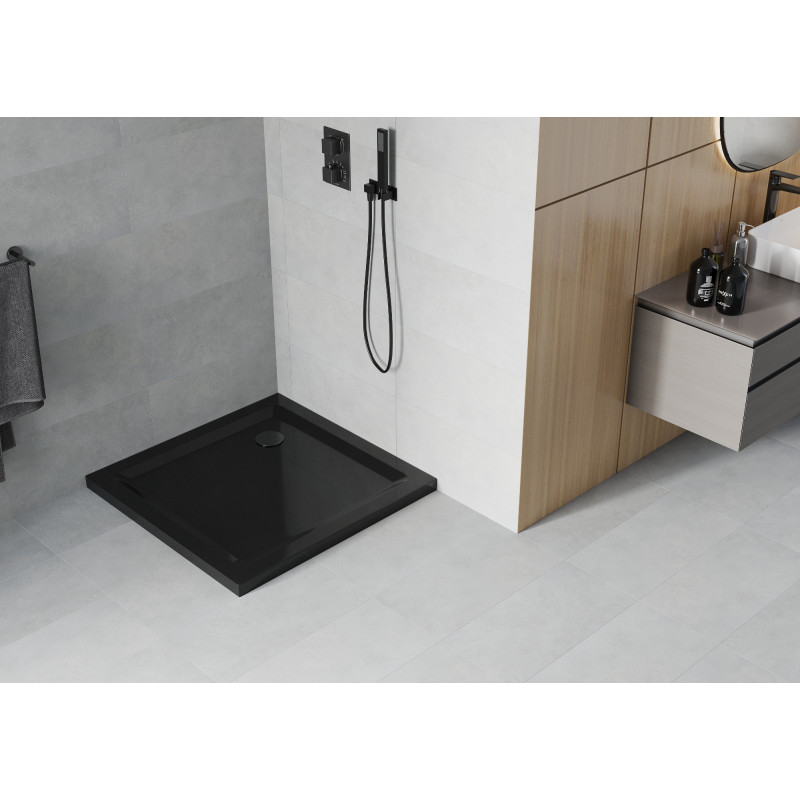 Mexen Flat štvorcový sprchový kút slim 80 x 80 cm, čierny, čierny sifón - 40708080B