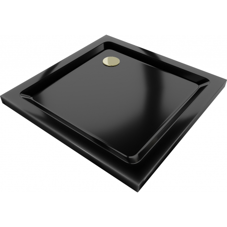Mexen Flat štvorcová sprchová vanička slim 90 x 90 cm, čierna, zlatý sifón - 40709090G