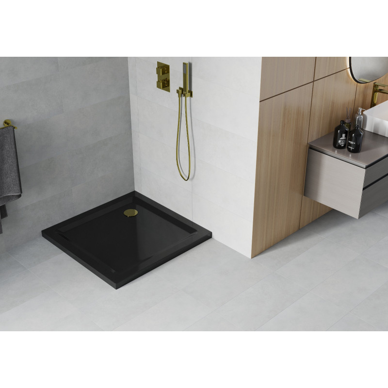 Mexen Flat štvorcová sprchová vanička slim 90 x 90 cm, čierna, sifón zlatý - 40709090G
