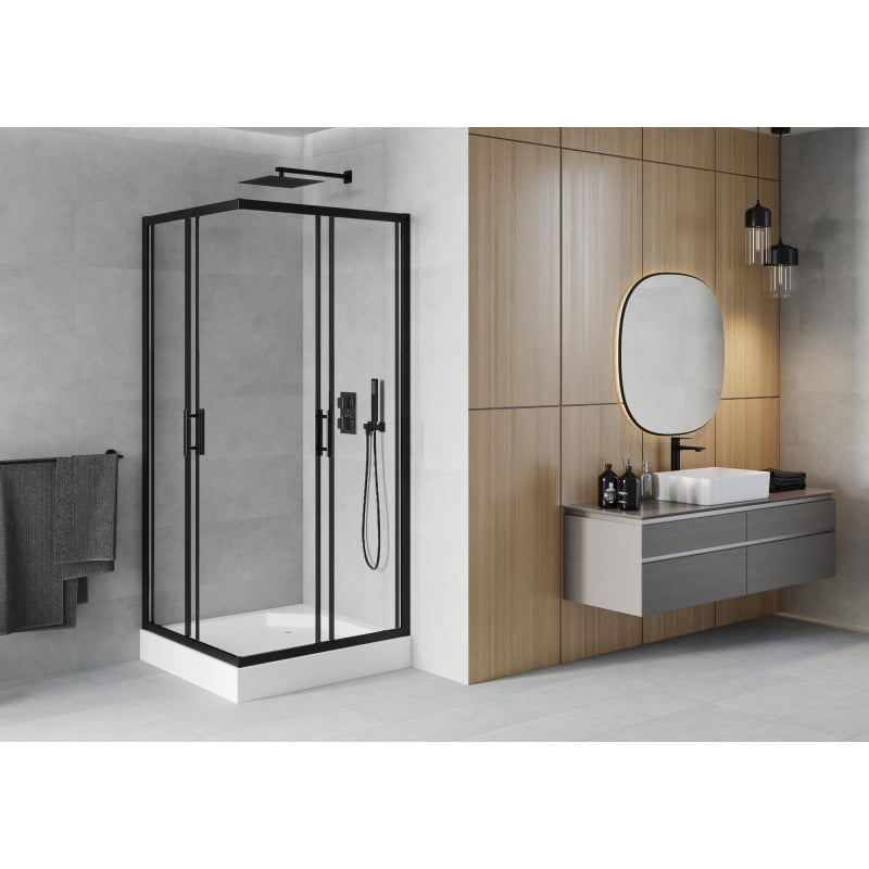 Mexen Rio štvorcový sprchovací kút 90 x 90 cm, transparentný, čierny + sprchová vanička, biela - 860-090-090-70-00-4510