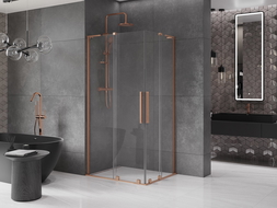 Mexen Velar L Duo posuvný sprchový kút 90 x 80 cm, číry, brúsená meď - 871-090-080-02-03-65
