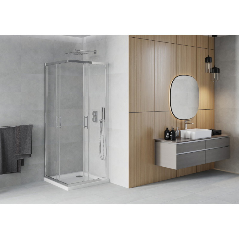 Mexen Rio štvorcová sprchová kabína 80 x 80 cm, transparentná, chróm + vanička Flat, biela - 860-080-080-01-00-4010