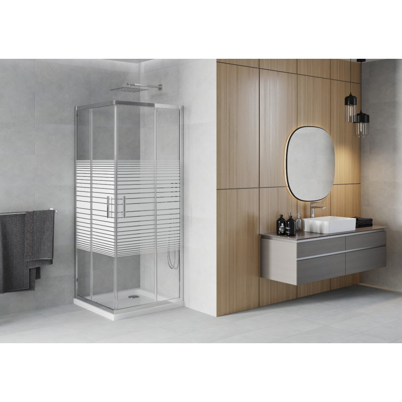 Mexen Rio štvorcová sprchová kabína 70 x 70 cm, biele pruhy, chróm + vanička Flat, biela - 860-070-070-01-20-4010