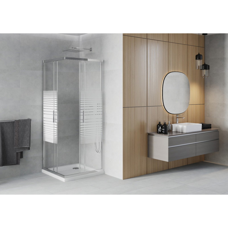 Mexen Rio štvorcová sprchová kabína 70 x 70 cm, biele pruhy, chróm + vanička Flat, biela - 860-070-070-01-20-4010