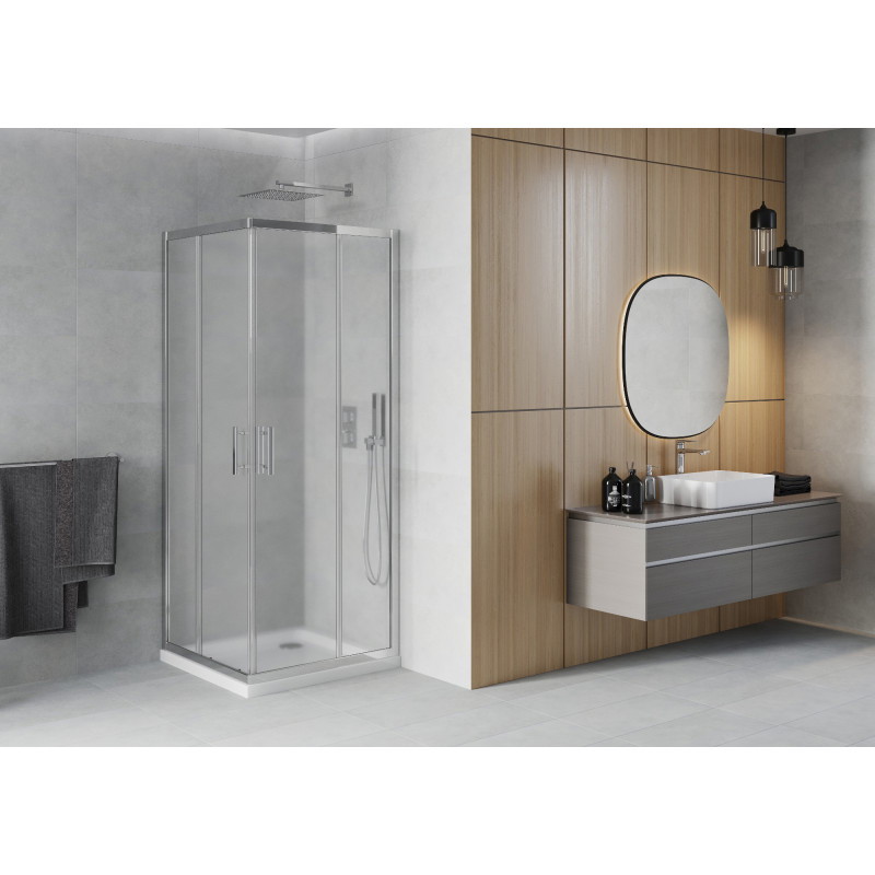 Mexen Rio štvorcový sprchovací kút 70 x 70 cm, mrazený, chróm + vanička Flat, biela - 860-070-070-01-30-4010