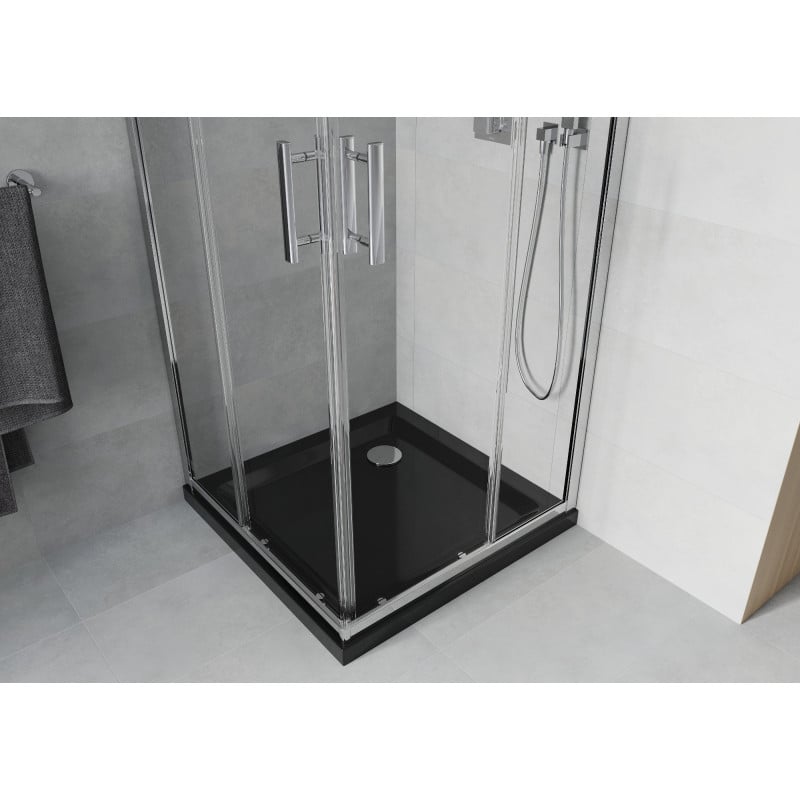 Mexen Rio štvorcová sprchová kabína 90 x 90 cm, priehľadná, chróm + vanička Flat, čierna - 860-090-090-01-00-4070