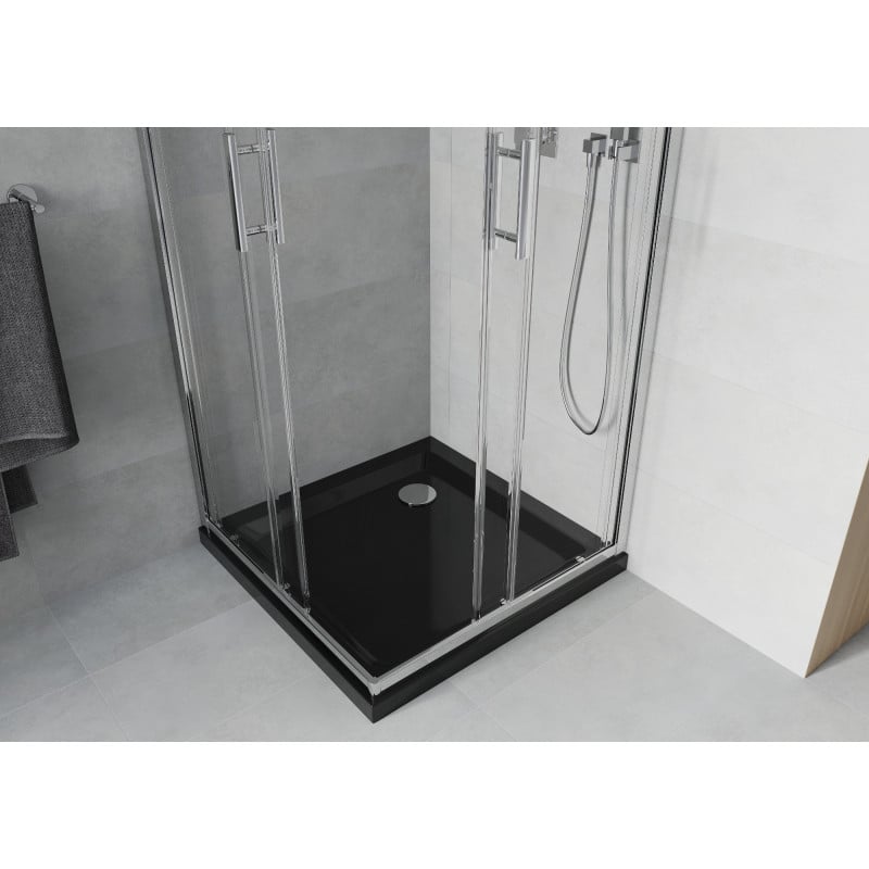 Mexen Rio štvorcová sprchová kabína 90 x 90 cm, priehľadná, chróm + vanička Flat, čierna - 860-090-090-01-00-4070