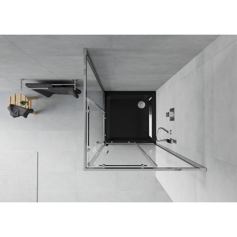 Mexen Rio štvorcová sprchová kabína 90 x 90 cm, priehľadná, chróm + vanička Flat, čierna - 860-090-090-01-00-4070