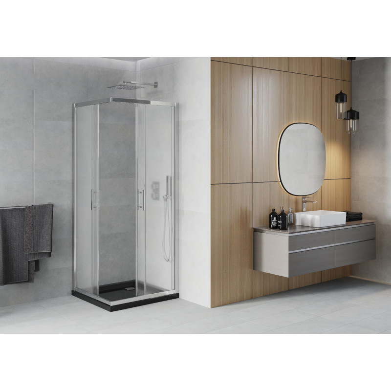 Mexen Rio štvorcový sprchovací kút 90 x 90 cm, mliečny, chróm + plytká vanička, čierna - 860-090-090-01-30-4070
