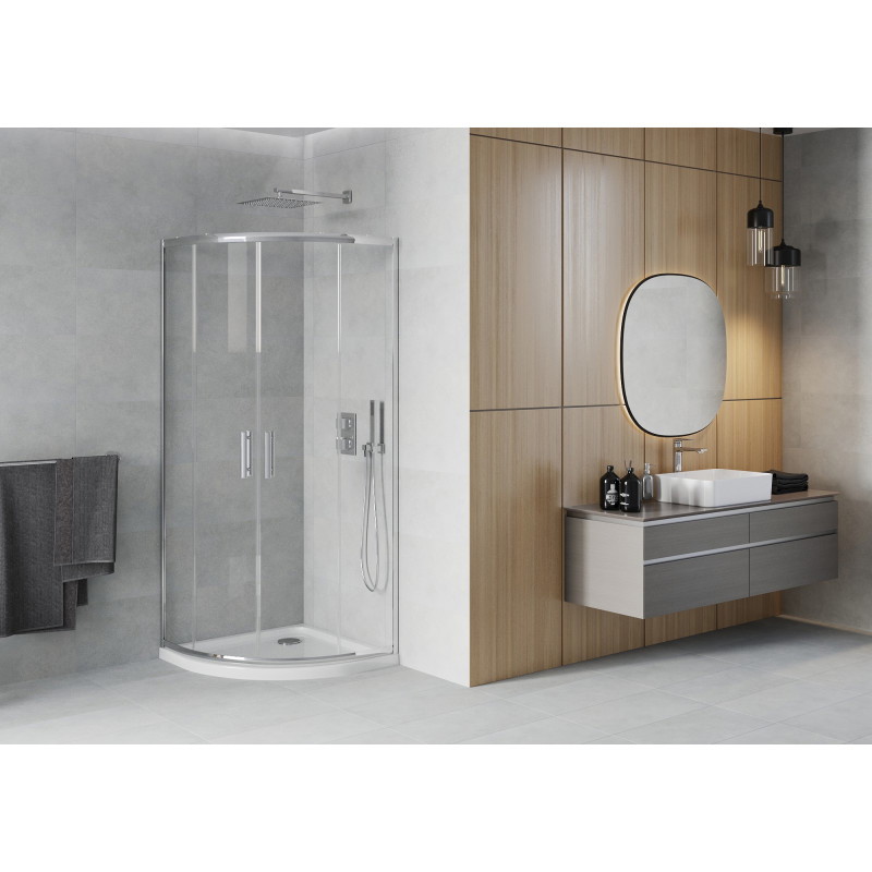 Mexen Rio sprchovací kút polkruhový 90 x 90 cm, transparentný, chróm + vanička Flat, biely - 863-090-090-01-00-4110