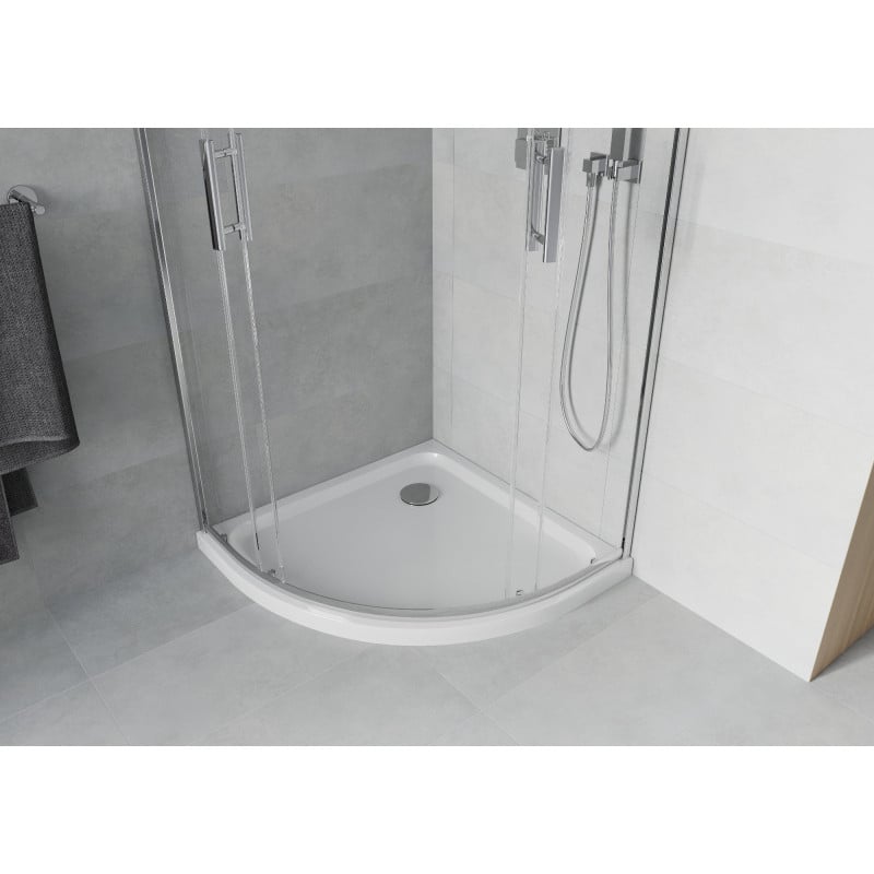 Mexen Rio polkruhová sprchová kabína 90 x 90 cm, transparentná, chróm + vanička Flat, biela - 863-090-090-01-00-4110