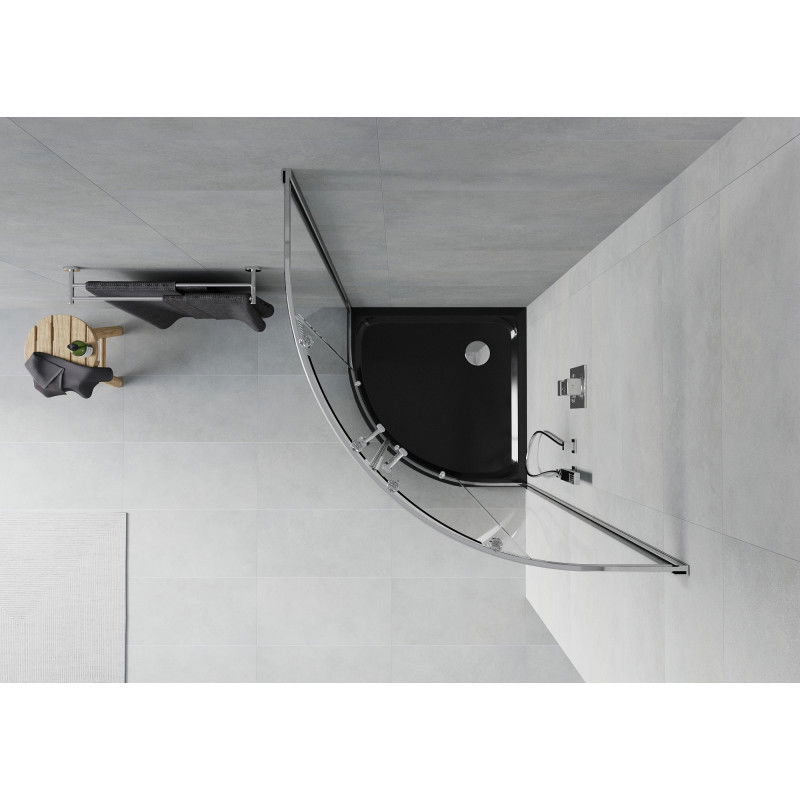 Mexen Rio polkruhová sprchová kabína 80 x 80 cm, transparentná, chróm + sprchová vanička Flat, čierna - 863-080-080-01-00-4170