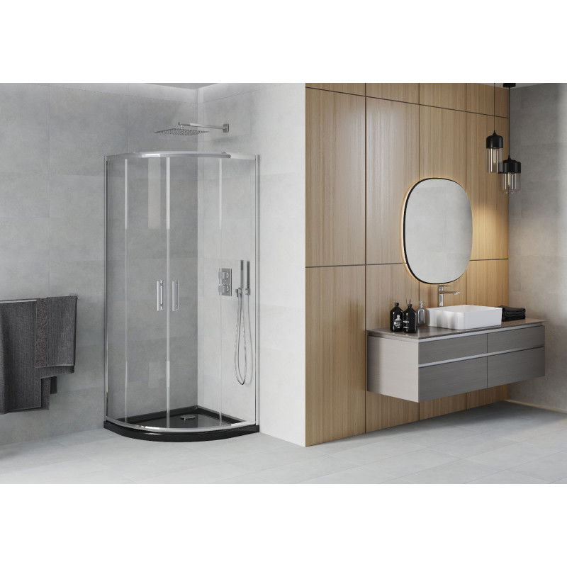Mexen Rio polkruhová sprchová kabína 80 x 80 cm, transparentná, chróm + sprchová vanička Flat, čierna - 863-080-080-01-00-4170
