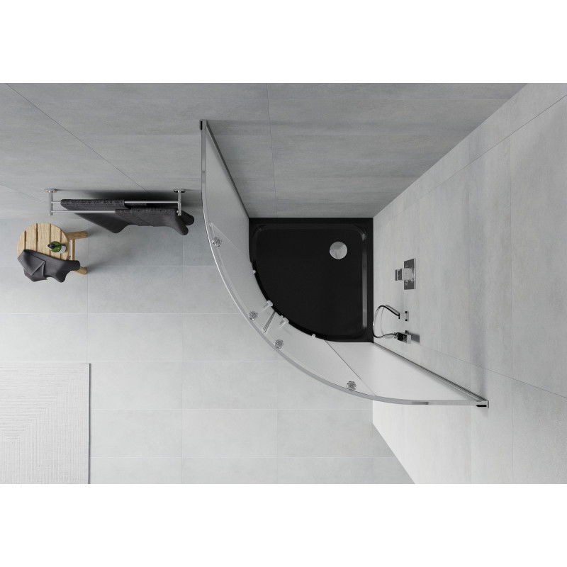 Mexen Rio polkruhová sprchová kabína 90 x 90 cm, mrazená, chróm + brodzik Flat, čierny - 863-090-090-01-30-4170