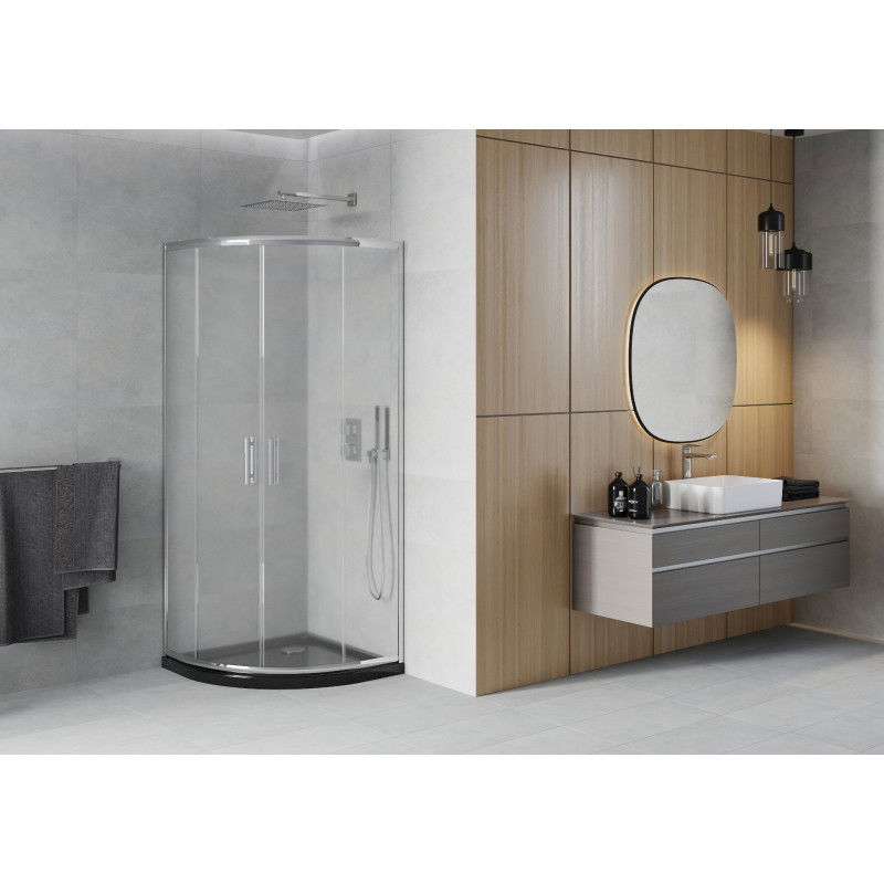 Mexen Rio polkruhová sprchová kabína 90 x 90 cm, mrazená, chróm + brodzik Flat, čierny - 863-090-090-01-30-4170