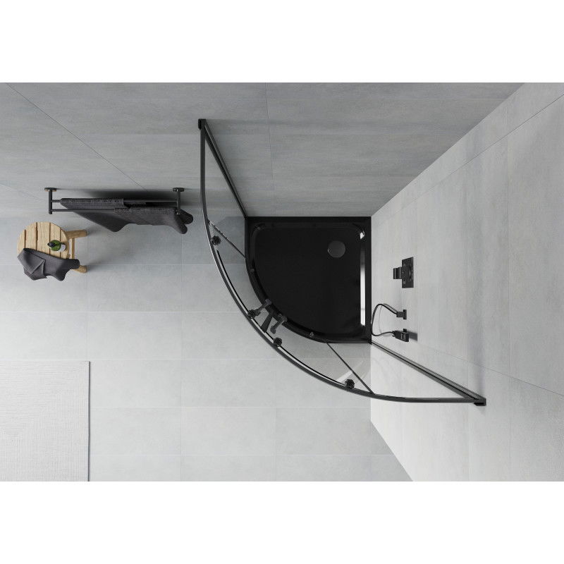 Mexen Rio sprchový kút polkruhový 90 x 90 cm, transparentný, čierny + sprchová vanička Flat, čierna - 863-090-090-70-00-4170B