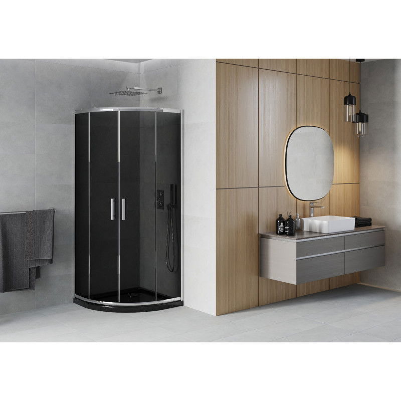 Mexen Rio sprchovací kút polkruhový 80 x 80 cm, grafitový, chróm + vanička Flat, čierna - 863-080-080-01-40-4170