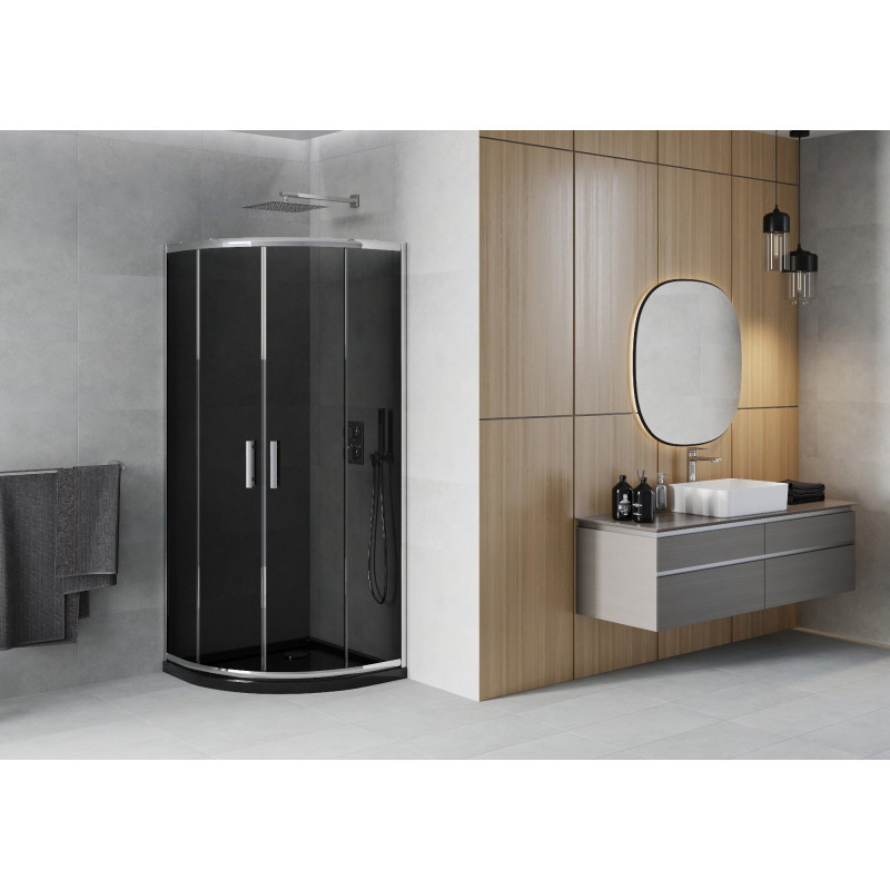 Mexen Rio sprchovací kút polkruhový 90 x 90 cm, grafit, chróm + vanička Flat, čierna - 863-090-090-01-40-4170