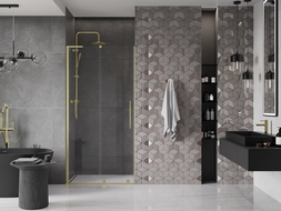 Mexen Velar L zasúvacie sprchové dvere 110 cm, transparentné, zlaté brúsené - 871-110-003-01-55
