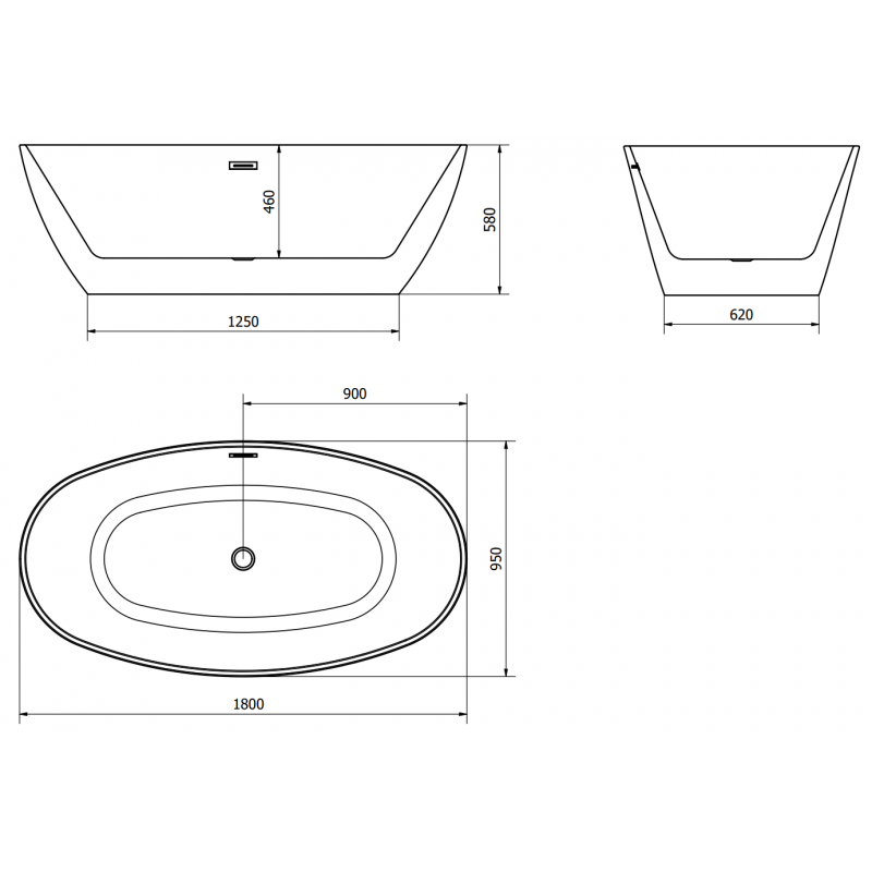 Mexen Eris voľne stojaca vaňa 180 x 95 cm, biela/čierna, prepad brúsená meď - 53441809575-65