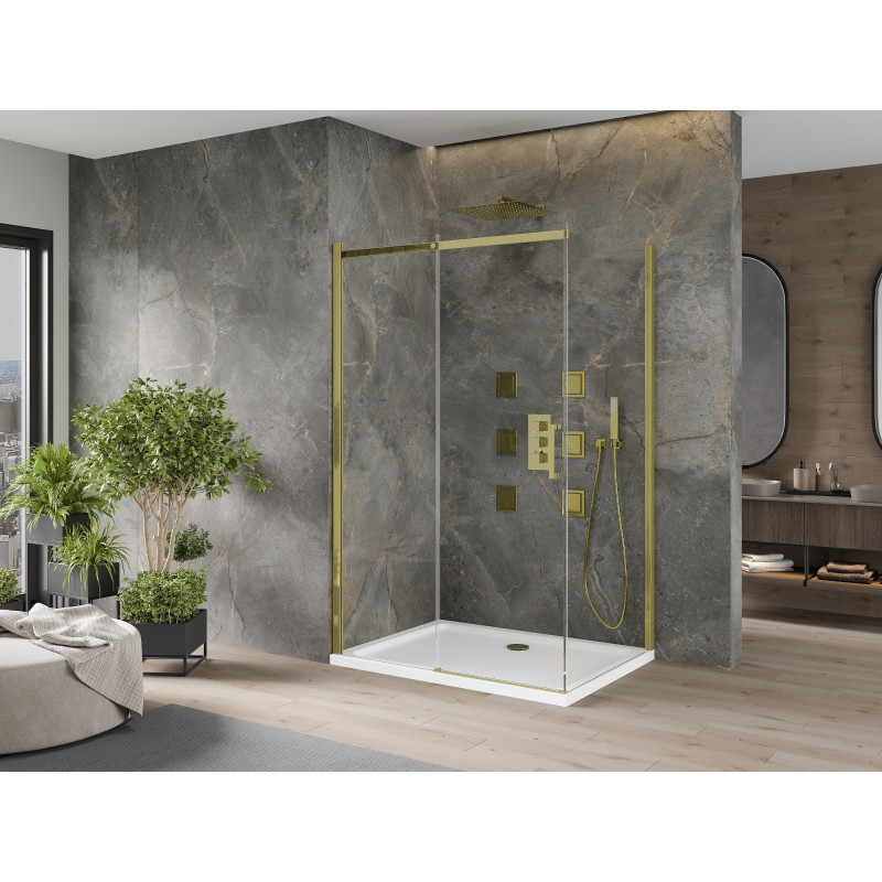 Mexen Omega posuvná sprchová kabína 100 x 80 cm, priehľadná, zlatá + sprchová vanička Flat - 825-100-080-50-00-4010