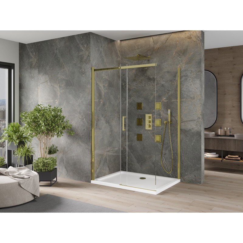 Mexen Omega posuvná sprchová kabína 110 x 80 cm, transparentná, zlatá + sprchová vanička Flat - 825-110-080-50-00-4010