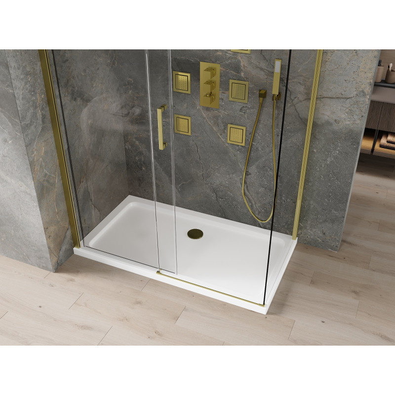 Mexen Omega zasúvacia sprchová kabína 130 x 70 cm, transparentná, zlatá + brodzik Flat - 825-130-070-50-00-4010