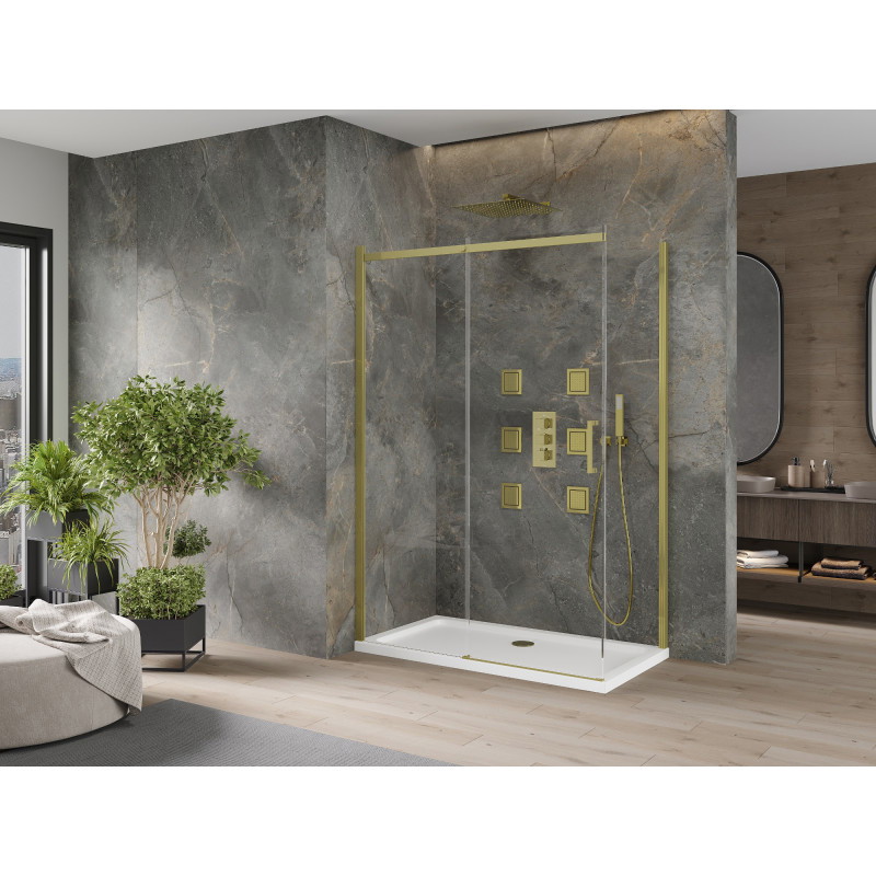 Mexen Omega zasúvacia sprchová kabína 130 x 70 cm, transparentná, zlatá + brodzik Flat - 825-130-070-50-00-4010