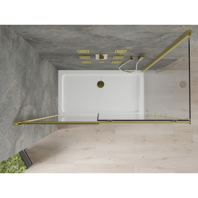 Mexen Omega zasúvacia sprchová kabína 130 x 70 cm, transparentná, zlatá + brodzik Flat - 825-130-070-50-00-4010