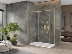 Mexen Omega posuvná sprchová kabína 140 x 70 cm, transparentná, zlatá + vanička Flat - 825-140-070-50-00-4010