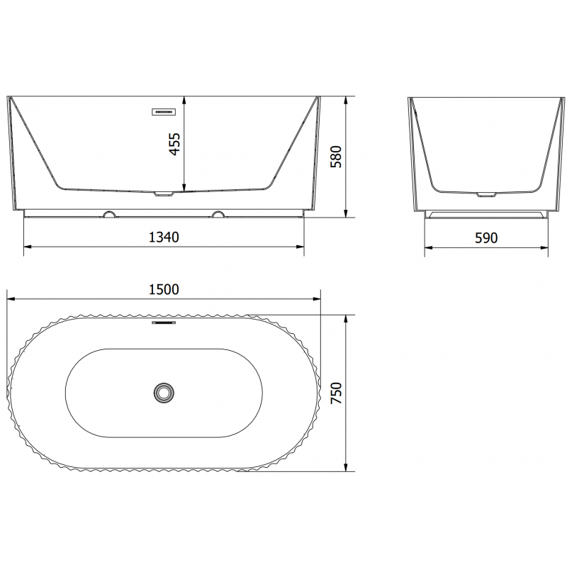 Mexen Paola voľne stojaca ryhovaná vaňa 150 x 75 cm, biela lesklá, prepad gun gray brúsený - 52721507500-66