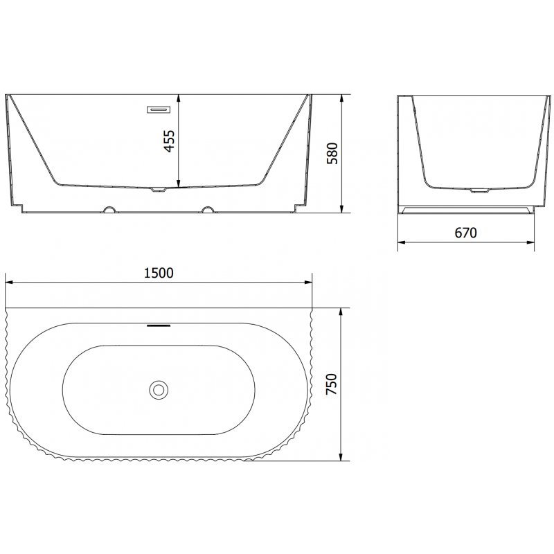 Mexen Sella voľne stojaca nástenná vaňa ryhovaná 150 x 75 cm, čierna matná, biely prepad - 52711507571-20