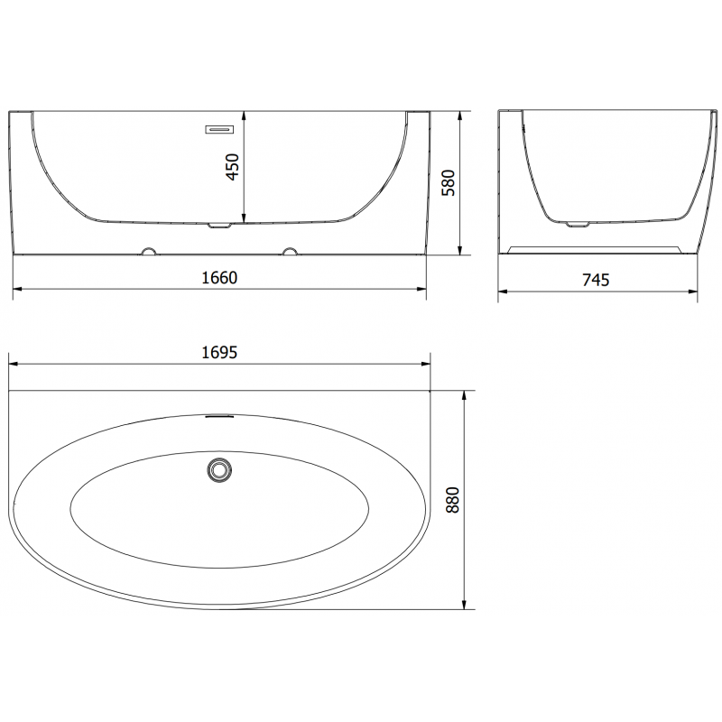 Mexen Bruna voľne stojaca pri stene 170 x 88 cm, biela lesk, prepad gun metal - 52731708800-95