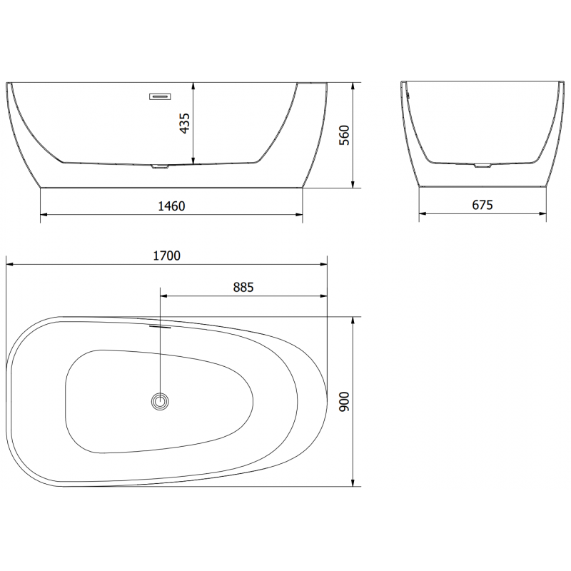 Mexen Giada samostatne stojaca vaňa 170 x 90 cm, biela lesklá, prepad gun metal - 52741709000-95