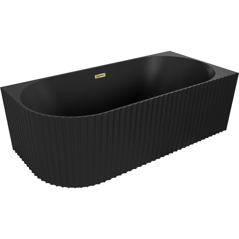 Mexen Gia samostatne stojaca rohová ryhovaná pravá vaňa 150 x 75 cm, čierna matná, prepad zlatý - 52701507571P-50