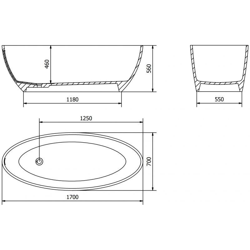 Mexen Prato voľne stojaca vaňa z konglomerátu 170 x 70 cm, čierna matná - 57251707070