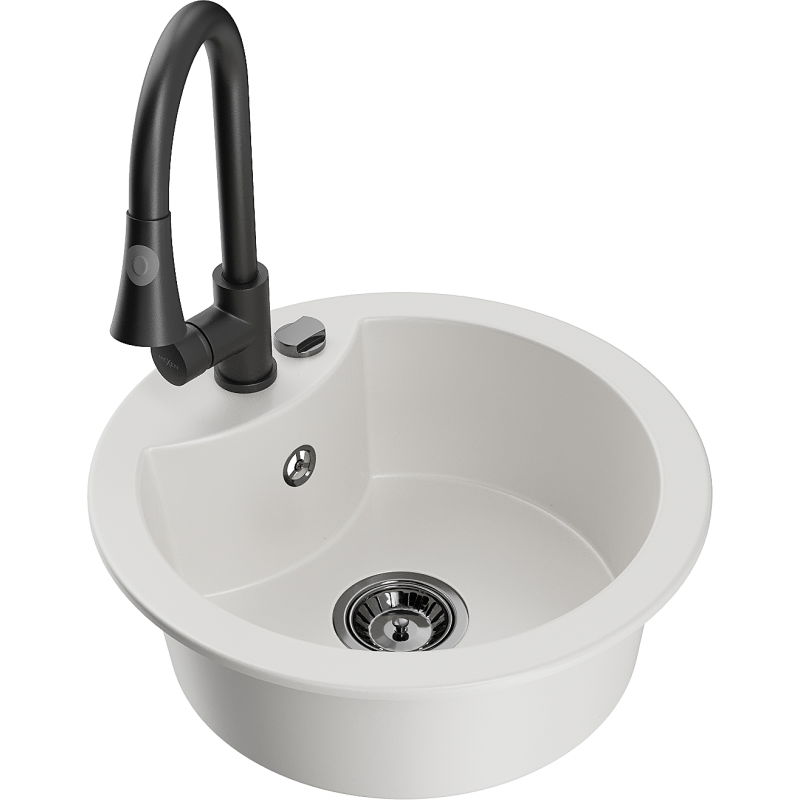 Mexen Diego granitový drez 1-komorový s kuchynskou batériou Elia, biely - 6512-20-670101-70