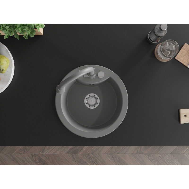 Mexen Diego granitový kuchynský drez s 1 komorou s kuchynskou batériou Elia, sivý - 6512-71-670101-71