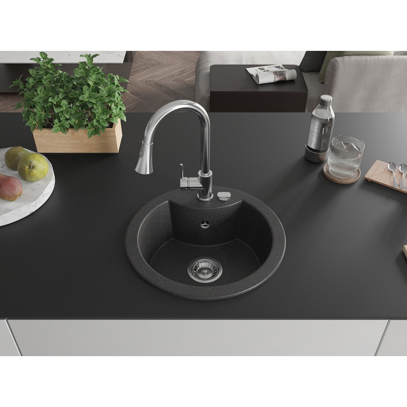 Mexen Diego Granitový jednokomorový drez s kuchynskou batériou Elia, čierny škvrnitý - 6512-76-670101-00