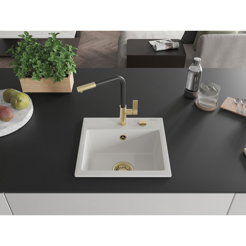 Mexen Milo granitový drez 1-komorový s kuchynskou batériou Flora, biely - 6505-20-670401-57-G